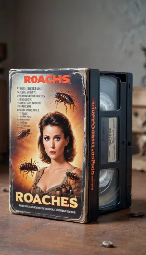vhs tape, movie called “Roaches!", about a beautiful woman attacked by swarms of cockroaches, <lora:VHS_package-000028:.5>