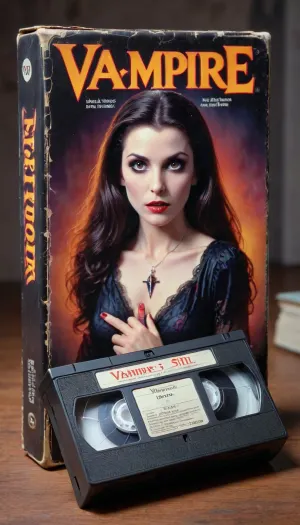 vhs tape, movie called “Vampire!", about a beautiful but terrifying vampire woman, <lora:VHS_package-000028:.5>