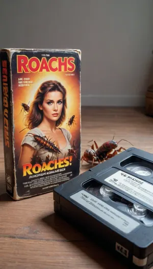 vhs tape, movie called “Roaches!", about a beautiful woman attacked by swarms of cockroaches, <lora:VHS_package-000028:.5>