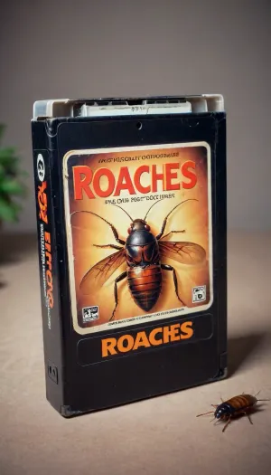 vhs tape, movie called “Roaches!", about swarms of cockroaches, <lora:VHS_package-000028:.5>