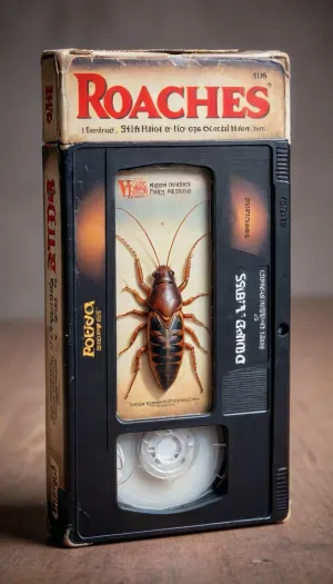 vhs tape, movie called “Roaches!", about swarms of cockroaches, <lora:VHS_package-000028:.5>