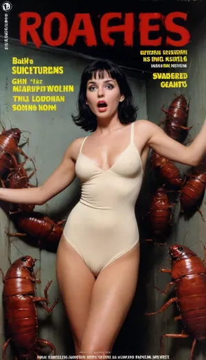 pulp horror, (bright red cover title, “ROACHES!”:1.6), (bright yellow text, “ROACHES!”:1.6), wicked grin, 1girl, (cream champion:1.3), (in a ragged storage room:1.3), (full body:1.4), thigh gap, vivid black hair, half updo, (from below:1.5), (from behind:1.5), (looking at viewer:1.7), wide hips, narrow waist, athletic hourglass figure, (muscular:.6), (long dress:1.2), (surrounded by swarms of cockroaches:1.5), [], (sexy costume design:.2), lbw=ALL, pbfh, Paperback, novel, book, cover, <lora:EnvyPulpHorrorXL01:1.5>, <lora:PBFH-XL:1.5>