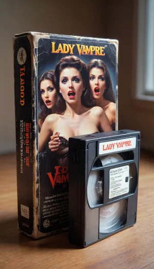 vhs tape, movie called “Lady Vampire!", about a beautiful but terrifying vampire woman, (the box features a picture of a gorgeous naked vampire woman biting another beautiful woman’s neck:1), <lora:VHS_package-000028:.5>