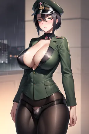 (masterpiece, best quality), mature woman, 1futanari, (((ww2 military uniform))), ((peaked cap)), ((panties)), (bulge), (futanari), detailed face, femanine face, blushing, angry, beautiful eyes, perfect illumination, (best shadow), ((athletic body)), defined abs, ((average breasts)), ((perky breasts)), black hair, (hair), (pixie cut), (freckles), green eyes, ((in a rainy city)), <lora:Overstuffed:.6>