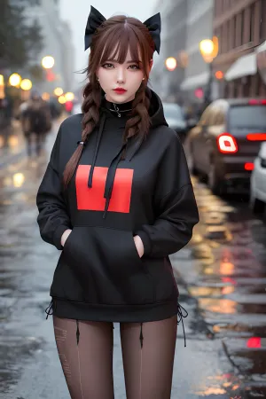 年轻的成年女孩走在街上, 她完美的面孔隐藏在一件连帽衫后面。 她穿着迷你裙和高品质的窒息器,但正是她的杰作引起了周围所有人的注意. 她撕破的裤子