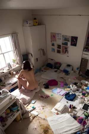 As jovens meninas adultas estavam no quarto, nuas e no chão. Eles tinham usado tecidos para limpar a bagunça que tinham feito. Um deles estava segurando uma imagem de uma obra-prima gerada pela AI com iluminação perfeita e texto ultra-detalhado