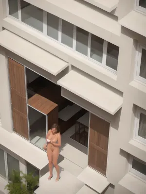 Un voyeur regarde une femme dans sa chambre à travers un long objectif paparazzi style caméra, capturant chaque détail de son corps nu