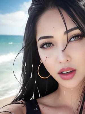 Un photographe porno professionnel a pris une photo haute résolution de 8k de la belle femme aux cheveux longs et maquillage. Elle portait un bikini blanc et avait l'air heureuse de poser pour la caméra. Ses yeux étaient grands ouverts, montrant ses longs cils