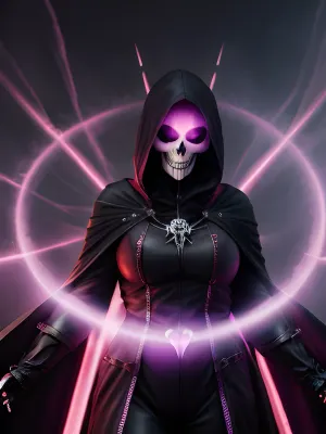 Em um mundo de fantasia escura, a morte da menina do crânio era uma criatura poderosa e bonita. Ela tinha asas feitas de plasma e usava um manto que brilhava fumaça rosa. Seu capô foi feito de tecido de encaixe apertado preto, e seus olhos estavam brilhando
