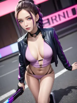 Beth, a cyberpunk girl with a normal body, braided rainbow coloured hair, holding a weapon. She is wearing ultra detailed skin texture and anatomical details. Her studio soft light pink and purple background light gives her an ethereal glow