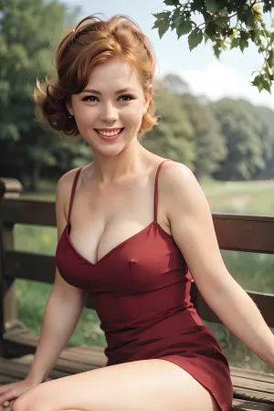 Une superbe femme vêtue de robe dans un parc moscovite des années 80, avec des jambes pleines étendues et des photos imprimées professionnellement, souriant et portant un style soviétique classique