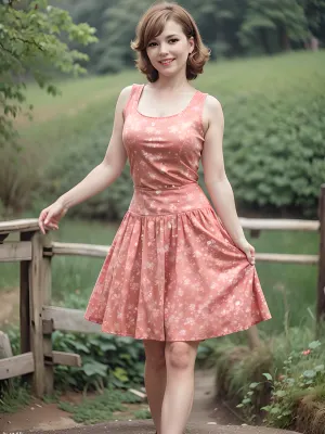 A stunning 1980s pinup model in a Soviet pinup dress and high heels is the focus of this beautiful photo, taken in Moscow's park. The woman's smile is full of life, and her outfit is a carefully curated masterpiece