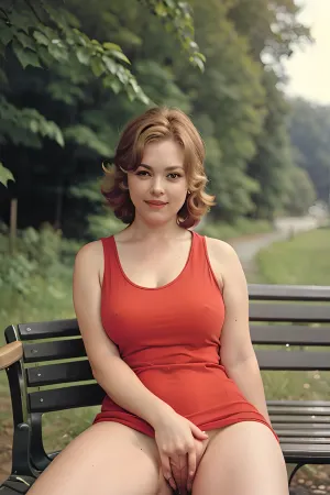 La femme sur la photo porte une belle robe rouge et ses jambes sont étendues. Elle sourit et semble heureuse. Le fond de la photo est un parc à Moscou, en URSS, avec un banc derrière elle. L'éclairage est parfait pour le