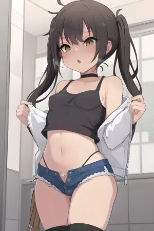 The girl with the pigtails and brown hair was wearing a midriff tank top, denim shorts, and black thigh highs. She had a choker around her neck and was sitting on a chair with her legs spread open. She had