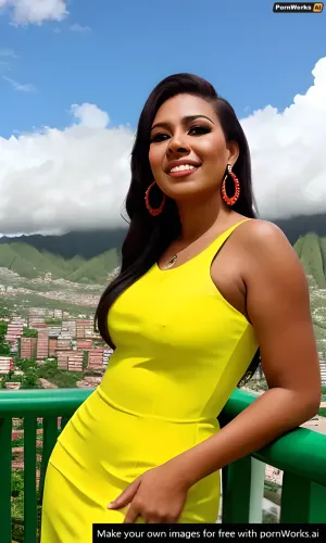 A beautiful Ibagu woman with yellow skin, green eyes, and red lipstick was using a new AI-generated picture generator to create a picture of herself. She smiled at the thought of how beautiful she looked in the picture