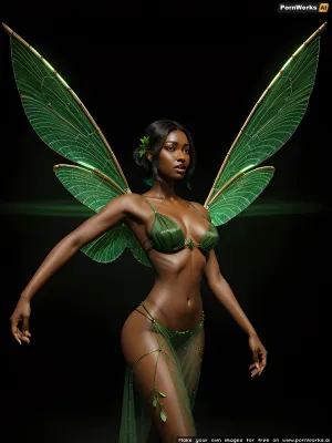 una foto de alta calidad de una imagen porno generada de AI con una hermosa mujer con lencería y posando en una pose sexy. La foto es realista y muestra la textura de la piel de la mujer, alas de libélula verde claro, ojos expresivos grandes, pixie
