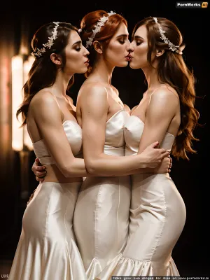 Das Foto zeigt drei schöne lesbische Bräute, die verschiedene Stile von traditionellen eleganten weißen Hochzeitskleidern und Plattform Stiletto High Heels tragen, während leidenschaftlich tanzen auf ihrer Hochzeitsnacht. Das Foto ist hyperrealistische UHD-Qualität und hat eine Auflösung