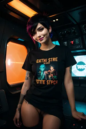happy excited cute petite punk Latina scene girl, night, nighttime, low lighting, neon highlights, cyberpunk, tokyo, goth, color, photo, ultra-realistic, 8k, spiky haircut, punk hair, orange dyed hair, 1 girl, photographed at night, instagram, backlit, candid pose, spaceship, ship interior, cockpit, outer space, wearing tshirt, large shirt, band shirt, black shirt, <lora:skirtliftTheAstonishing_skirtliftv1:.8>, bottomless, visible pussy, medium boobs, 3/4 body shot, smiling