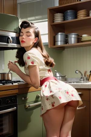 A mulher era uma dona de casa dos anos 50, com cabelos longos e olhos fechados. Ela foi dobrada sobre um balcão em sua cozinha, vestindo um upskirt Ad Americana Estilo vintage pintado anúncio. Seu rabo perfeito foi visível através da vista lateral