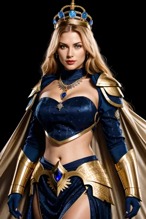 The stunning European woman with her picture captured mid combat unleashes a battle cry as she swings her broadsword overhead, swinging a large sapphire necklace and a large sapphire ring. She wears a stunning sapphire armor with gold accent