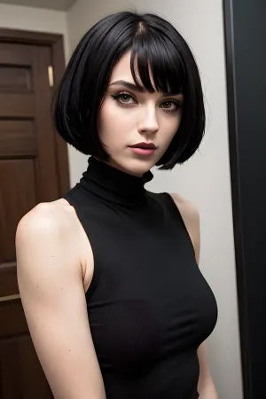黒いボブのヘアカットと緑の目でかわいい高身長の少女が彼女の机に座っています。 ユーザーの入力に基づいて、映像を生成できるAIキャラクターに関する新しい話を書く途中で