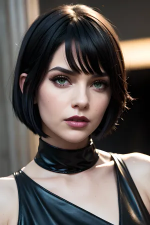 黒のボブヘアカットと緑色の目でかわいい背の高い女子は、彼女の新しい短いピクシーカットを賞賛する鏡の前で立っていた。 彼女は助けられなかったが、彼女は彼女の指を新しく作毛した髪を通して走るように笑顔