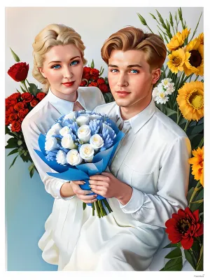 The student gave the flowers to the young adult girl, who was dressed in a white dress and had big soviet city as her background. The poster was very realistic and depicted a young 18-year-old girl with bouquet of white tul