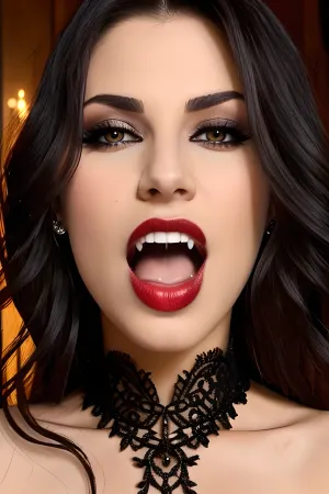 La donna vampiro stava davanti allo specchio ammirando il suo volto perfetto, con grandi occhi vampiri e un look seducente sul suo volto. Aveva i capelli lunghi a cascading giù la schiena e indossava un vestito troia che ha mostrato il suo corpo perfetto
