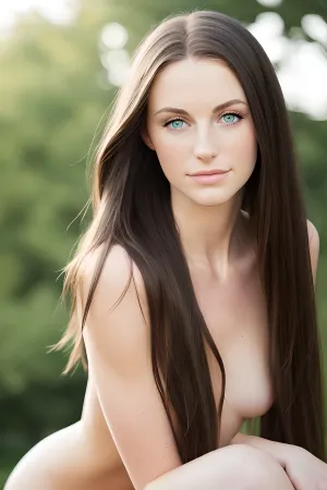 La jeune femme sur la photo porte un costume d'affaires haut de gamme, avec ses cheveux ramenés dans un pain serré. Son visage est éclairé par la douce lumière dorée du soleil couchant, jetant une lueur chaude sur ses traits. Elle a l'air confiante