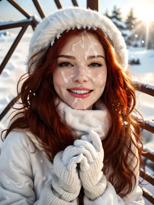 Una joven en un pelaje suave con un cuello de piel, con botas de invierno altas con nieve blanca alrededor de ellos, está sosteniendo un mitten tejido y cámara en una mano mientras sonríe dulcemente a la cámara. Tiene ojos anchos y