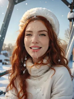 Una joven con una linda cara y pecas estaba sentada en un columpio en el parque, usando un abrigo de piel con un collar de piel. Tenía ojos anchos y pelo rojo brillante, que brillaba en el sol de invierno. Su sonrisa era dulce