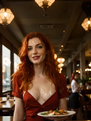 La camarera está delante de la mesa, sonriendo dulcemente a la cámara con una expresión amistosa. Lleva una linda camisa verde brillante y un par de jeans flacos, y sus pecas son visibles en su cara