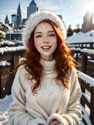 La joven con la gran sonrisa y las pecas estaban frente a una imagen alta, admirando la cara delgada alta con los ojos estrechos y el pelo rojo. Llevaba un abrigo de piel con un collar de piel, guantes, ropa blanca