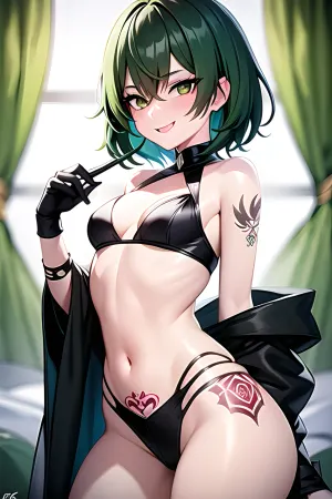 Das Mädchen mit dem tätowierten grünen Haar und verführerischem Lächeln war bereit für ihren Gangbang. Sie hatte eine kleine Brüste, kurze Haare und schwarze Augen. Ihr Körper war 8k und sie hatte Biss. Sie wollte gefickt werden
