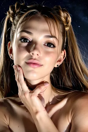La linda chica alta soñaba con estar en un mundo donde ella podría ser ella misma y explorar su sexualidad sin juicio. Ella miró las estrellas y vio a una hermosa mujer desnuda con colas de caballo, sonriendo hacia ella. La chica se sentía completamente desnuda