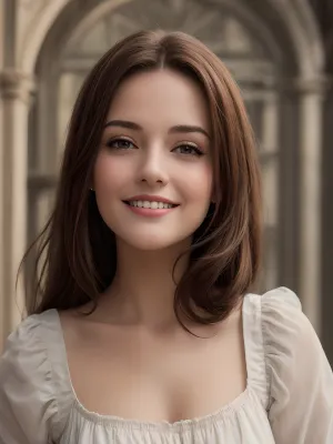 En 1445, une belle femme aux cheveux bruns et au sommet blanc sourit et regarde vers le haut. La scène a une sensation vintage à lui, avec des détails élevés, cinématique, réaliste, 12k images, et des détails élevés
