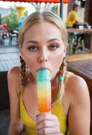 Una donna bionda di 42 anni stava succhiando un popsicle nel caffè, obliva della telecamera di sorveglianza che le ha indicato. Aveva una popsicle multicolore in bocca e stava scrivendo sul suo telefono mentre lei succhiava