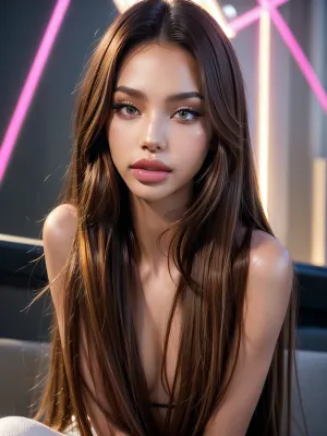 Una mujer con figura tonificada, con maquillaje brillante y lora, shushing y el cuerpo superior pose