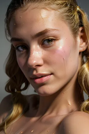A young Swedish girl with long blonde hair and a narrow waist lies face down on a bed, her naked body covered in sweat. Her tanlines are visible on her buttocks, and she has two skinny girls from Sweden taking pictures of her. The