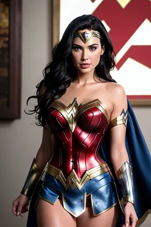 Emily, uma mulher com mamas grandes e super-herói maravilha do cabelo super da mulher, usa AI para criar uma imagem de si mesma com mamas grandes e o cabelo super da mulher maravilha