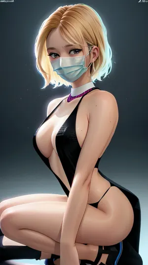 A woman with long pigtails and a perfect body, wearing a black eyeliner and stockings, kneels in front of a demon princess with her eyes closed. The woman's face mask is slightly open, revealing her pale skin and long hair