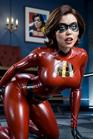 Helen Parr,一个超级英雄, 被称为不可思议的绿巨人, 被两个女人在阴道上性交 在乳房西装。 女人的鸡巴很大,它把海伦的嘴伸开 她能感觉到那个女人