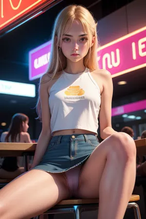 아름다운 특징을 가진 자연적인 cutie는 상점 안쪽에 음식 법원에, 티셔츠 및 짧은 치마를 착용하고 있었습니다. 그녀는 자연 cutie 기능과 밤에 다채로운 neon 표지판에 의해 조명했다. 그녀의 cameltoe가 보았 통해 그녀의 짧은