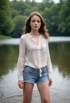 Magnolia, a beautiful woman with brown hair, stripped off her soaked white blouse and revealed her cool eroticism under the influence of cold water