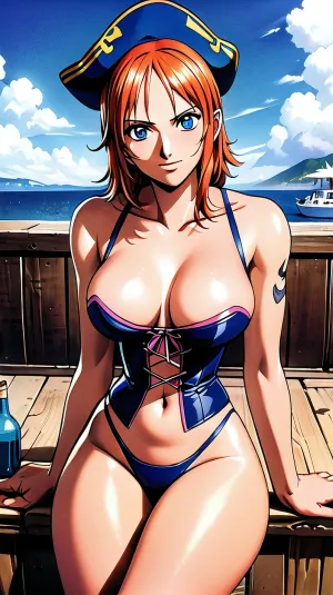 The woman in the photo is sitting on a ship, wearing a corset and tight busty corset. Her skin is ultra-detailed and symmetrical, with perfect eyes that gaze at the viewer. She has highly detailed breasts and a tight