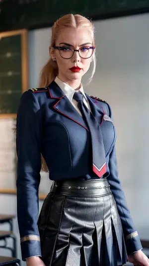 95岁的斯堪的纳维亚情妇Dominatrix 身着体操和蓝色口红,愤怒而傲慢,皮肤纹理高明,化妆品高,眼镜,头部侧面有小马尾巴,面部愤怒