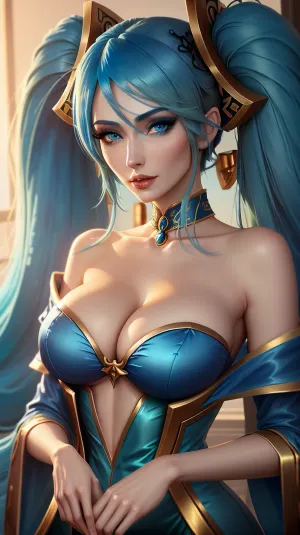Sona, 리그 오브 레전드 챔피언은 긴 머리카락과 파란색 눈으로 완벽한 몸을 가지고있다. 그녀는 그녀의 곡선을 완벽하게 hugged 블루 드레스를 착용. 그녀의 머리 장식은 푸른 머리 장식으로 만들어졌으며 그녀의 복장을 완벽하게 일치했습니다