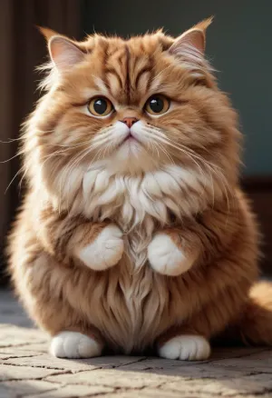 Die kleine haarige Katze mit glockiger und langgestreckter Form saß auf dem Boden und blickte auf den 3D-Charakter vor ihm. Er hatte flauschige Gesichtsausdrücke und einen spielerischen Ausdruck, als wollte er mit dem