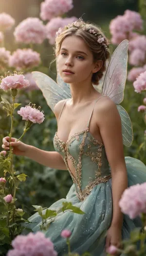 The small fairy perched on the large tuberous flower, its wings fluttering gently in the gentle breeze. It was a magical moment, as the camera captured every detail of its soft angelic face and delicate wings. The background was a lush