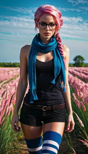 La femme aux cheveux roses tressés, portant une écharpe bleue, des lunettes et une tenue d'aventurier était debout dans un champ de fleurs roses. Elle tenait une toile et utilisait ses illustrations remplies d'énergie pour créer un paysage enchanteur. Les